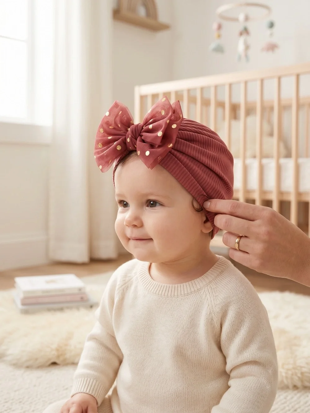 Gorgeous Terracotta/Rust Ribbed Infant Turban with Gold Polka Dot Tulle Bow